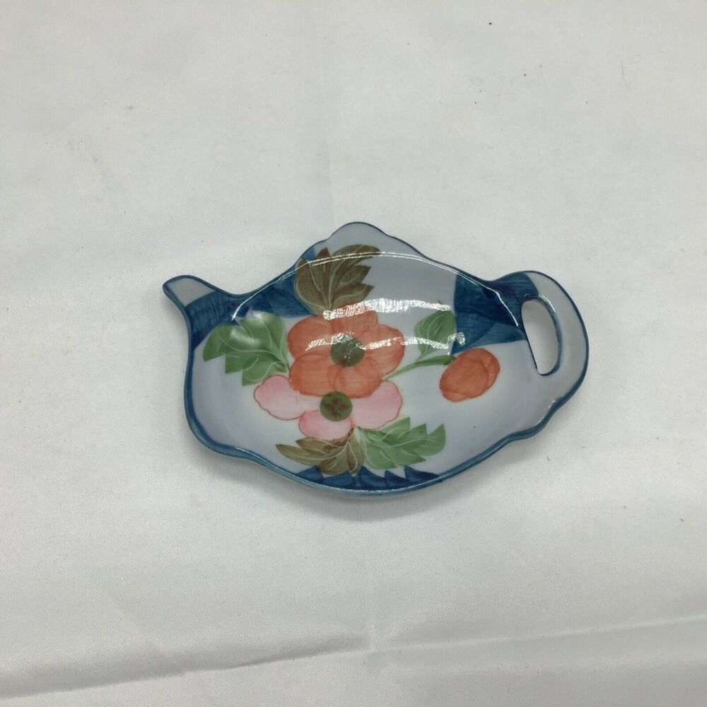 Set of 2 Blue Floral Ceramic Teabag Tidy Coasters Teapot Shape Cottagecore - Picture 3 of 4